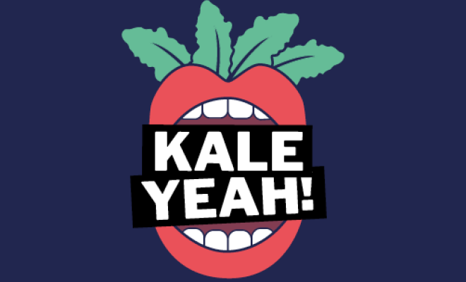 Illustration of open mouth with the words KALE YEAH! written across it and green leaves in the background